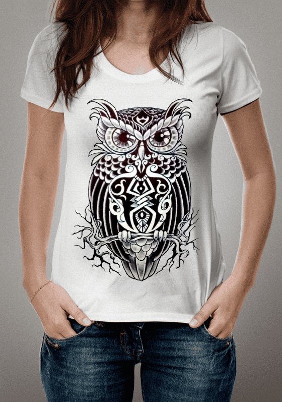 Nome do produto  Camisa Desenho de Coruja Estilo Tattoo