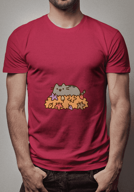 Pusheen brincando nas folhas.